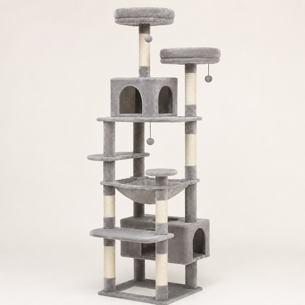Arbre à chat Maine Coon 184 cm gris : deux niches, hamac et deux perchoirs ronds