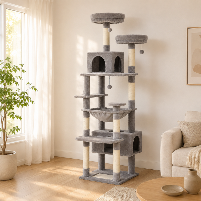 Arbre à chat Maine Coon gris installé dans un salon scandinave lumineux