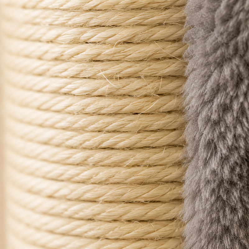 Gros plan sur le sisal naturel enroulé autour du poteau et la peluche grise