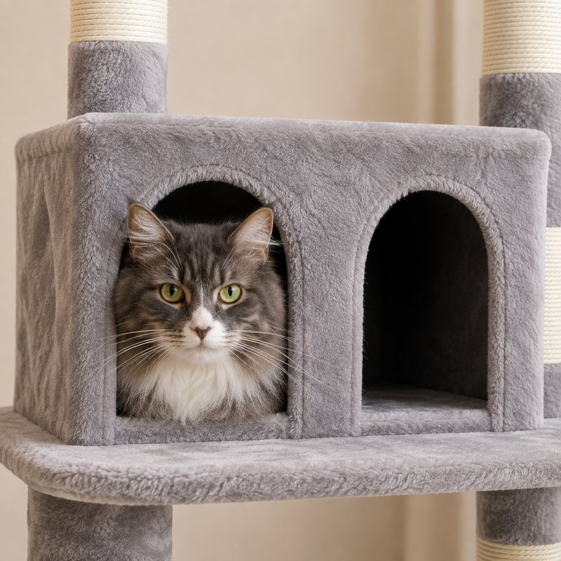 Chat gris dans la niche haute 34 x 30 cm à deux ouvertures en arche