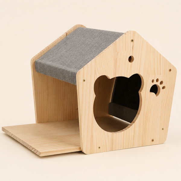 Maisonnette murale pour chat en bois clair, vue d'ensemble sur fond neutre