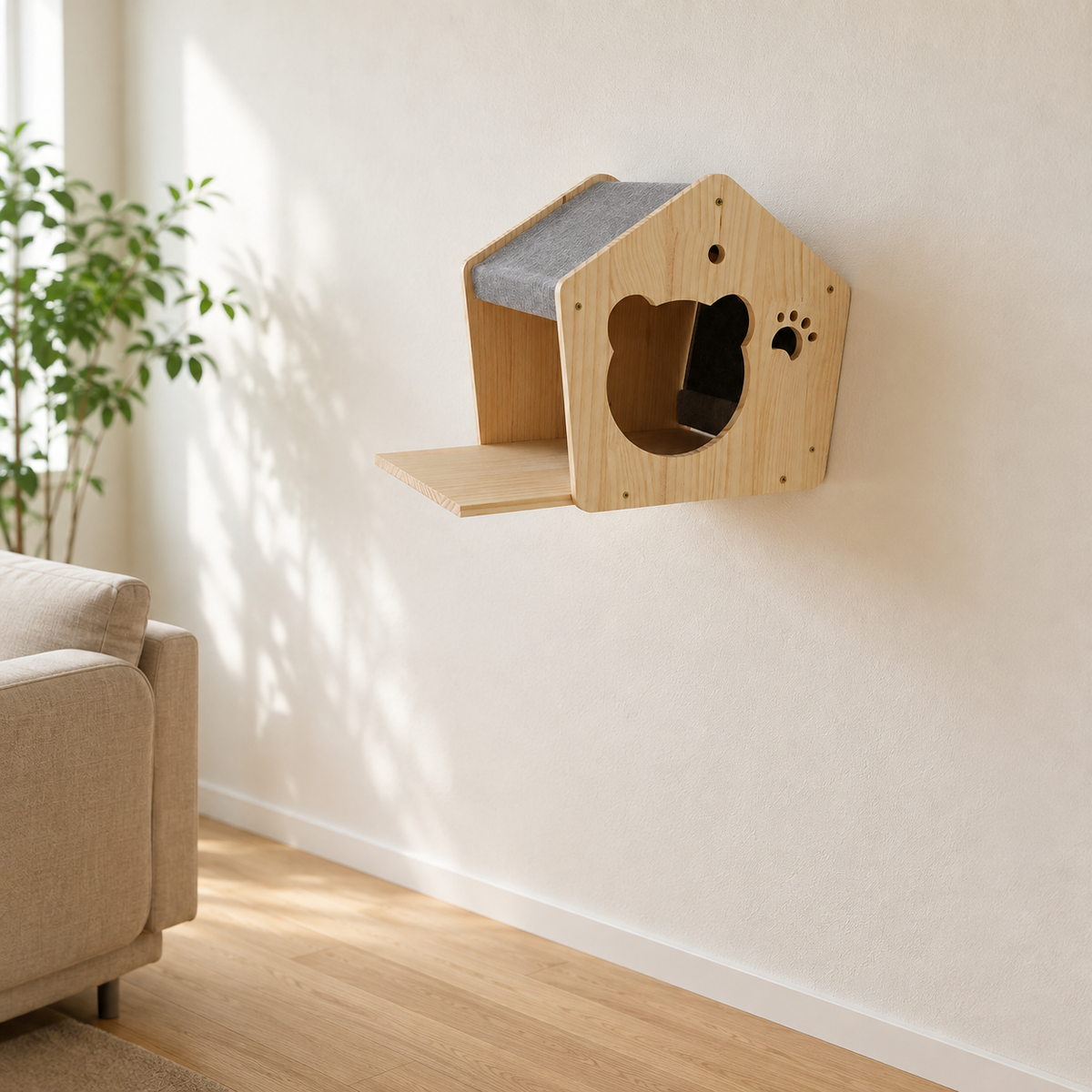Maisonnette vissée au mur d'un salon, sol entièrement libre en dessous