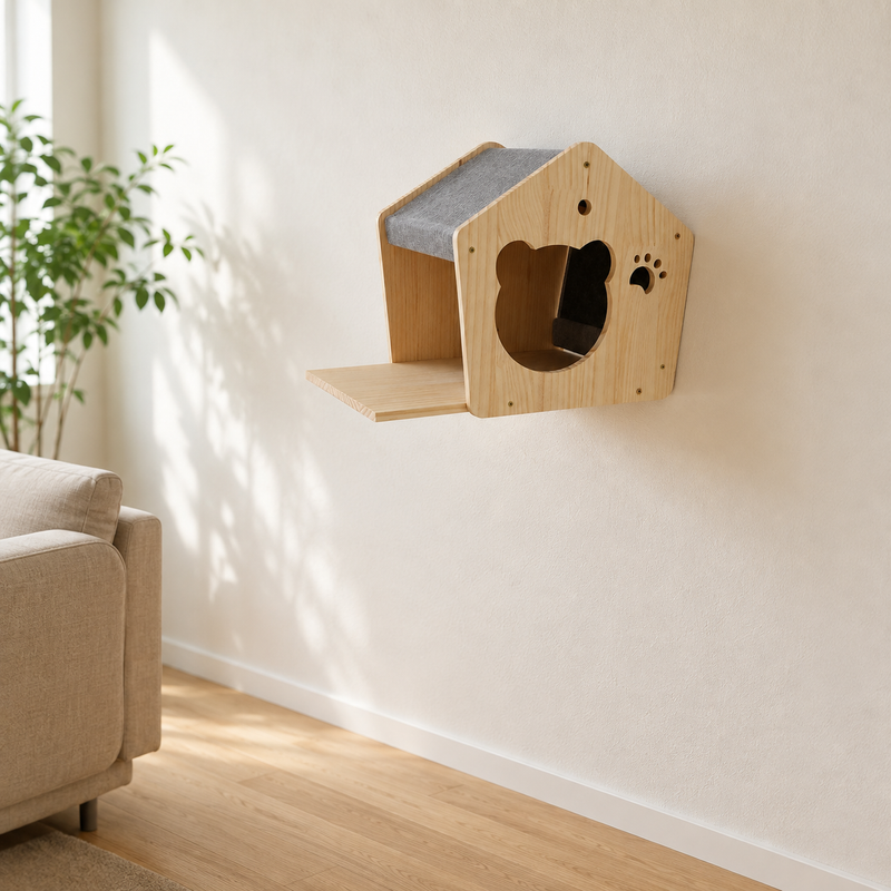 Maisonnette vissée au mur d'un salon, sol entièrement libre en dessous