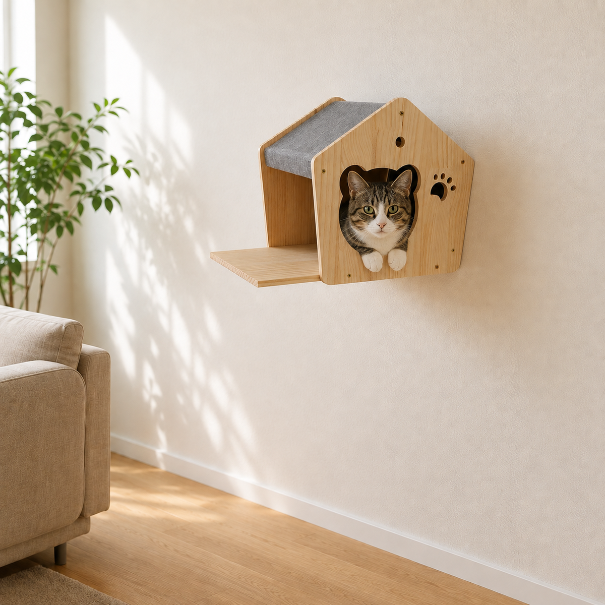 Chat installé dans la maisonnette murale, tête sortant par la découpe