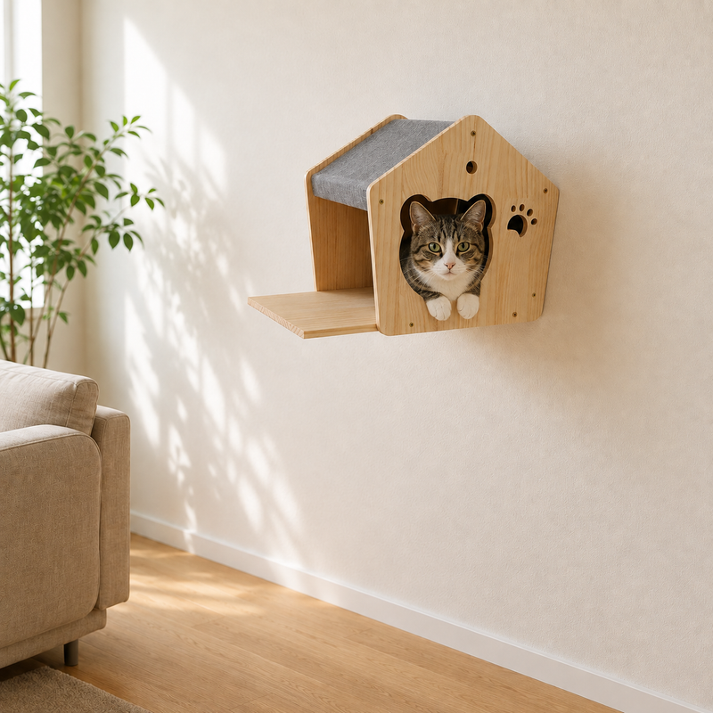 Chat installé dans la maisonnette murale, tête sortant par la découpe