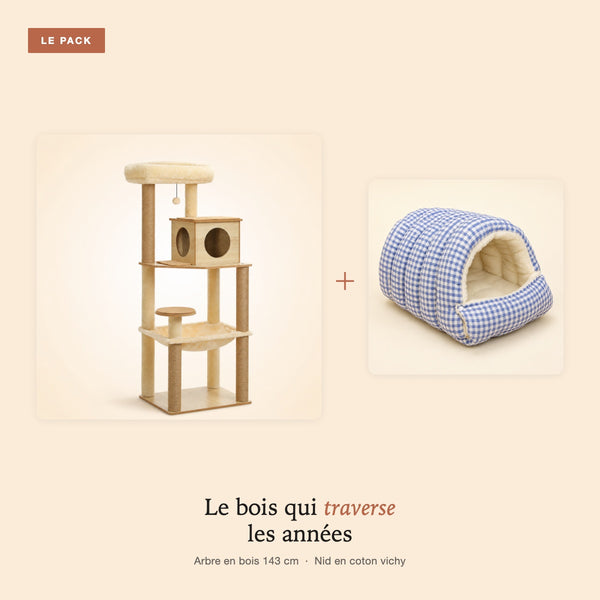 Pack Bois : arbre à chat en bois 143 cm avec niche cube et nid en coton vichy bleu
