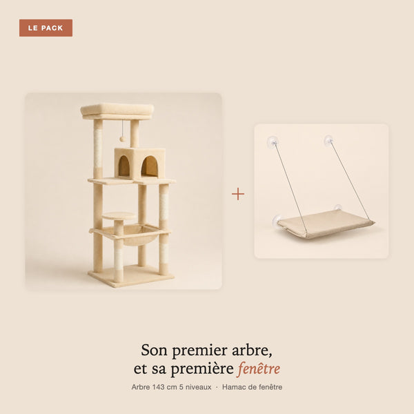 Pack Premier arbre : arbre à chat beige 143 cm à 5 niveaux et hamac de fenêtre à ventouses