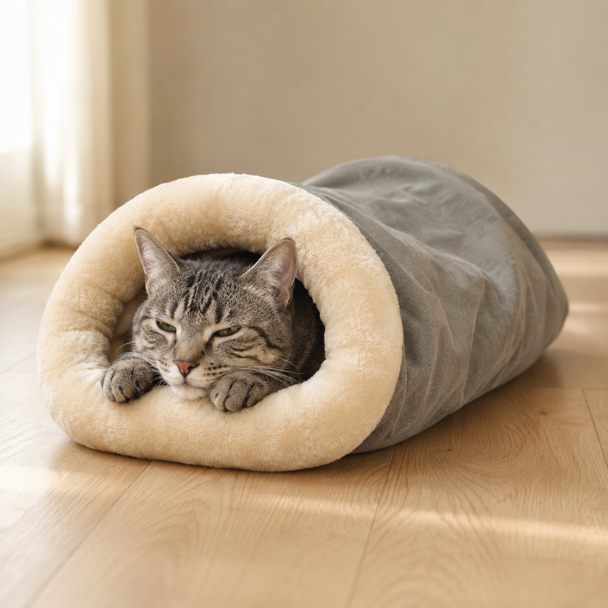 Chat tigré installé dans le sac de couchage, seule la tête dépasse