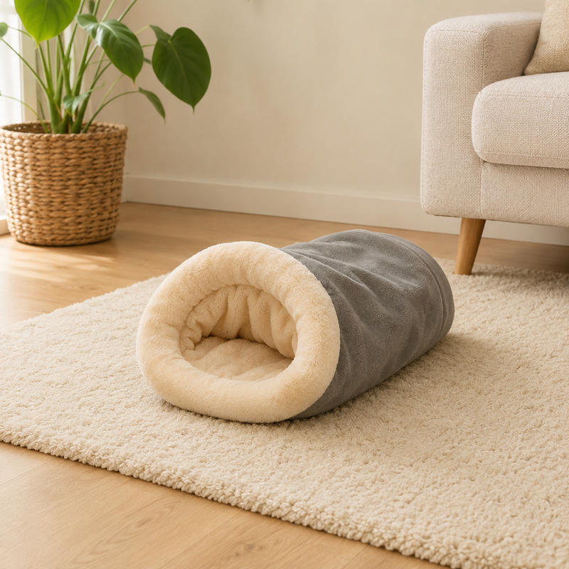 Sac de couchage pour chat posé sur un tapis dans un salon scandinave