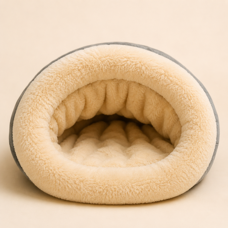 Entrée du sac de couchage vue de face, bourrelet en polaire crème et tunnel doublé
