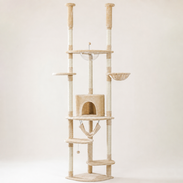 Arbre à chat du sol au plafond beige crème, vue d'ensemble sur fond neutre