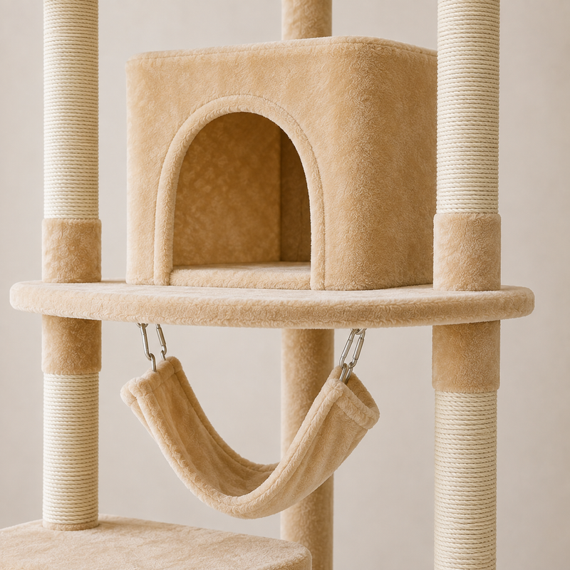 Détail de la niche, du hamac suspendu et des poteaux en sisal