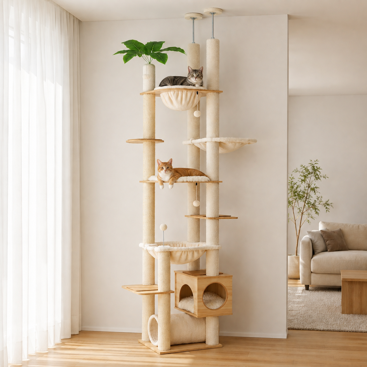 Deux chats installés sur l'arbre à chat sol-plafond en bois, échelle réelle