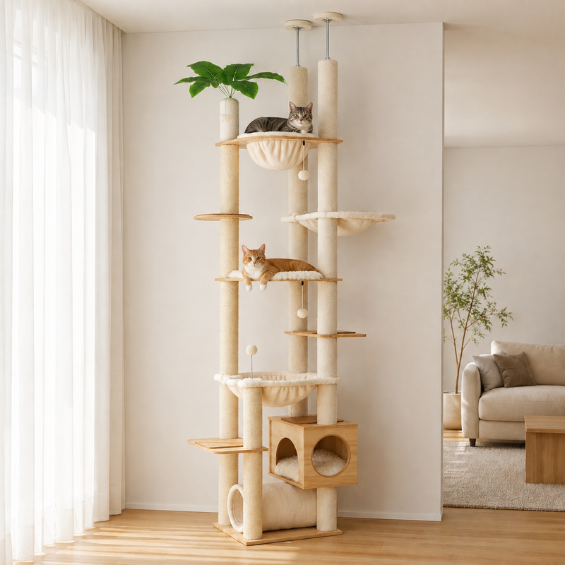 Deux chats installés sur l'arbre à chat sol-plafond en bois, échelle réelle