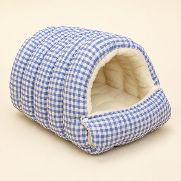 Nid semi-fermé pour chat en coton vichy bleu matelassé, doublé polaire