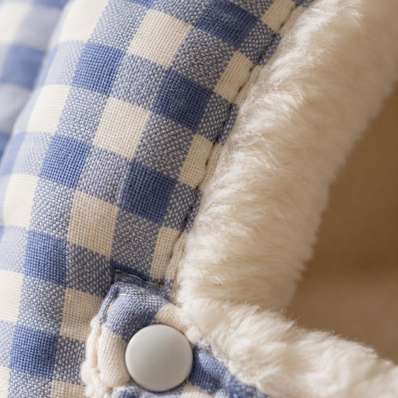 Gros plan sur le coton vichy matelassé, la polaire crème et le bouton-pression
